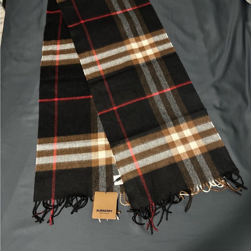 Burberry Black and Brown Plaid Scarf with Fringe